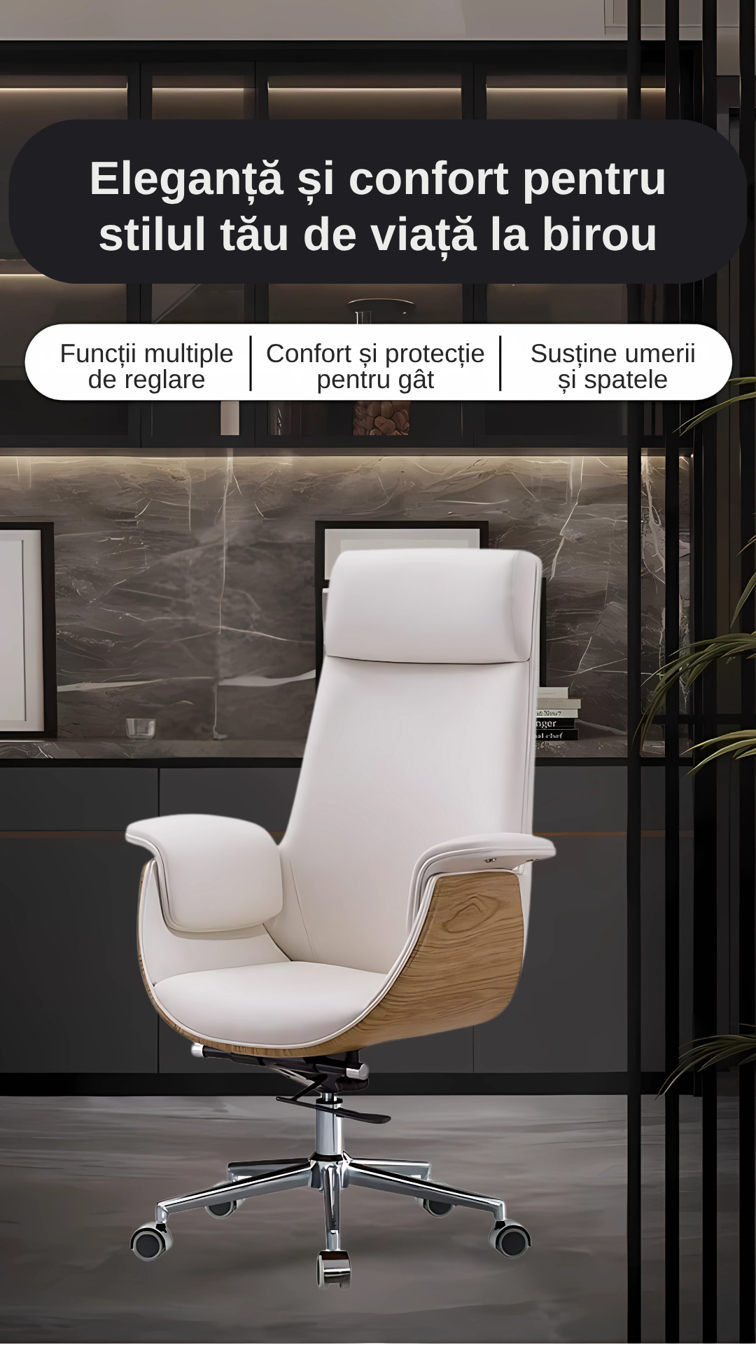 Scaun birou, directorial, material piele PU HD, suport ergonomic pentru cap si gat, functie de leganare, cotiere moi si confortabile, roti din cauciuc poliuretanic, greutate maxima 130kg