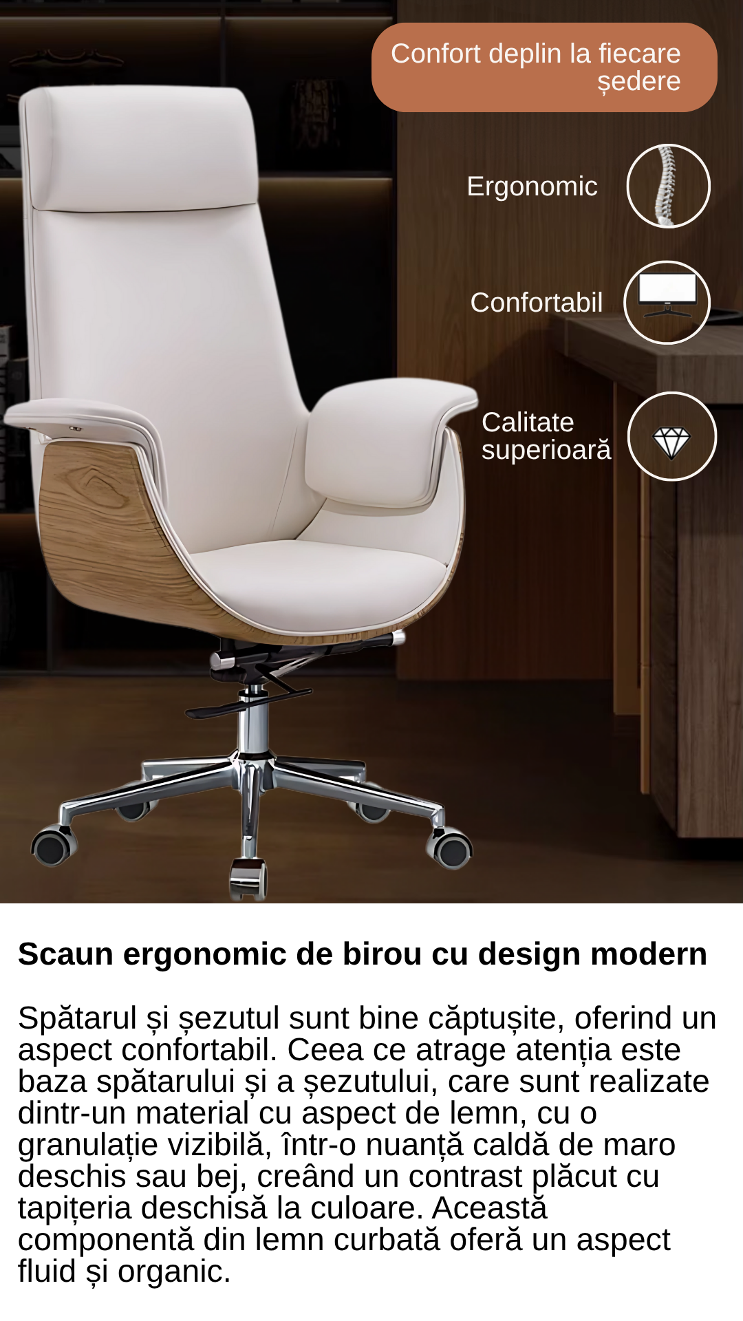 Scaun birou, directorial, material piele PU HD, suport ergonomic pentru cap si gat, functie de leganare, cotiere moi si confortabile, roti din cauciuc poliuretanic, greutate maxima 130kg