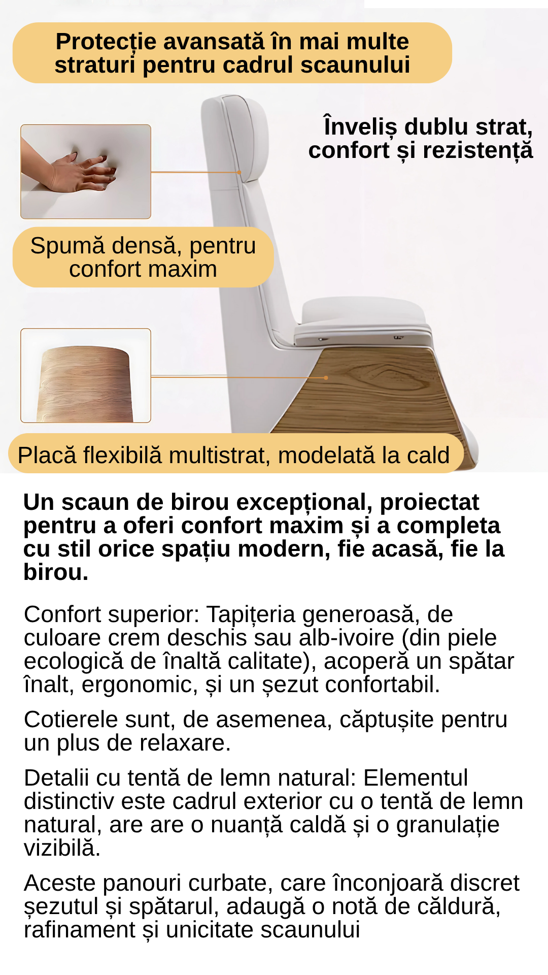 Scaun birou, directorial, material piele PU HD, suport ergonomic pentru cap si gat, functie de leganare, cotiere moi si confortabile, roti din cauciuc poliuretanic, greutate maxima 130kg