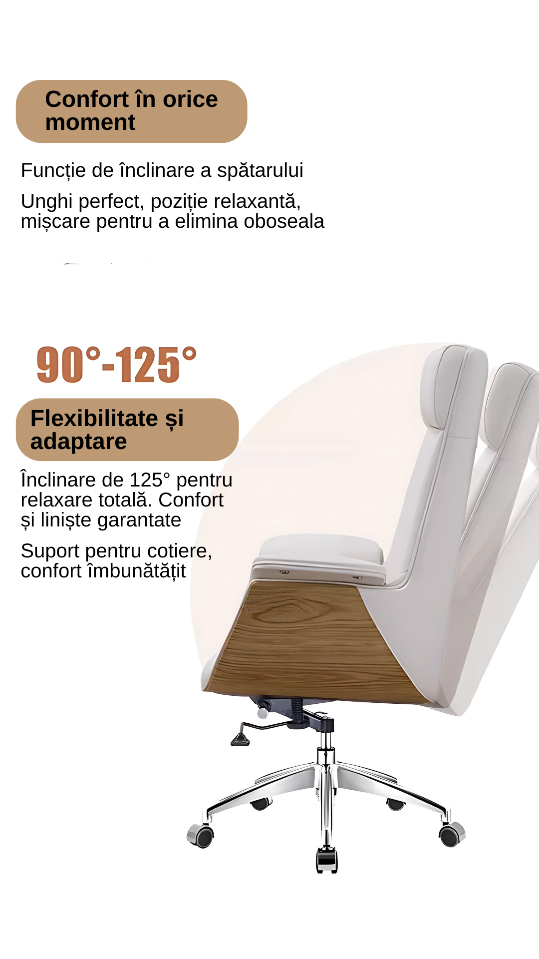 Scaun birou, directorial, material piele PU HD, suport ergonomic pentru cap si gat, functie de leganare, cotiere moi si confortabile, roti din cauciuc poliuretanic, greutate maxima 130kg