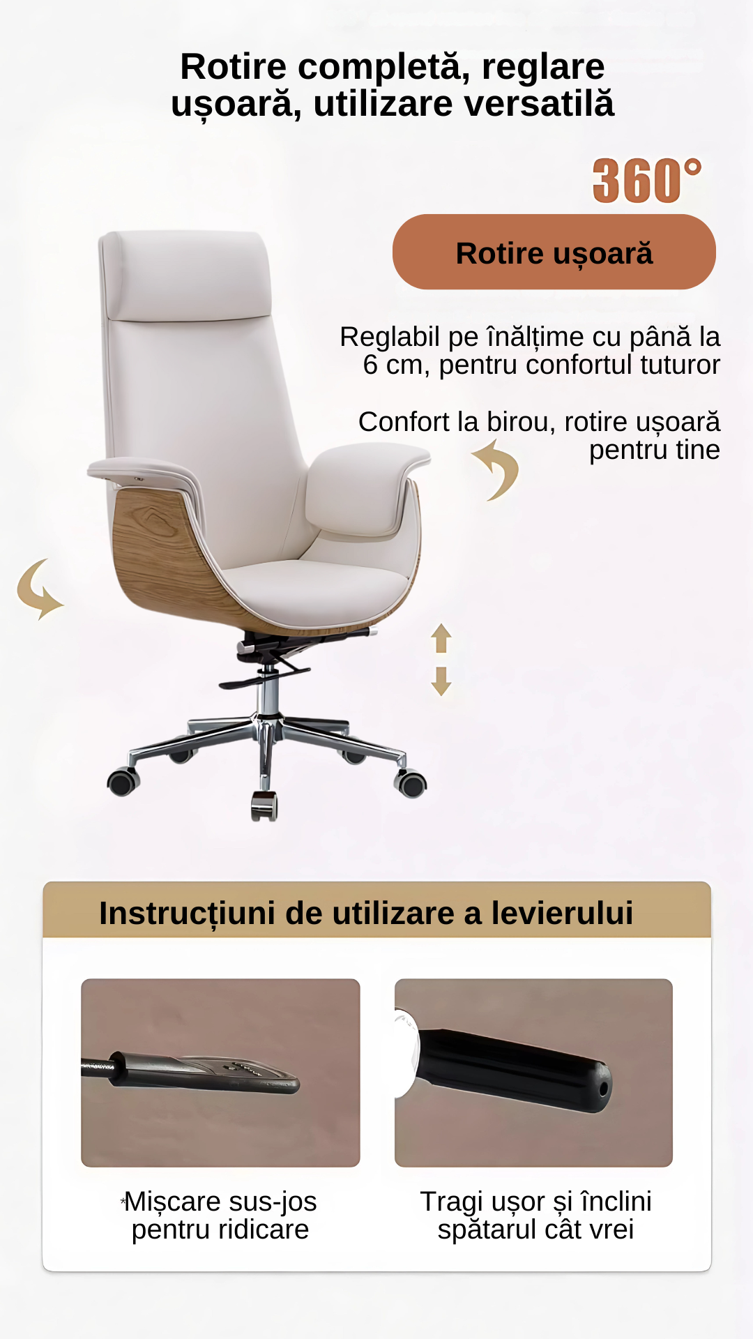 Scaun birou, directorial, material piele PU HD, suport ergonomic pentru cap si gat, functie de leganare, cotiere moi si confortabile, roti din cauciuc poliuretanic, greutate maxima 130kg